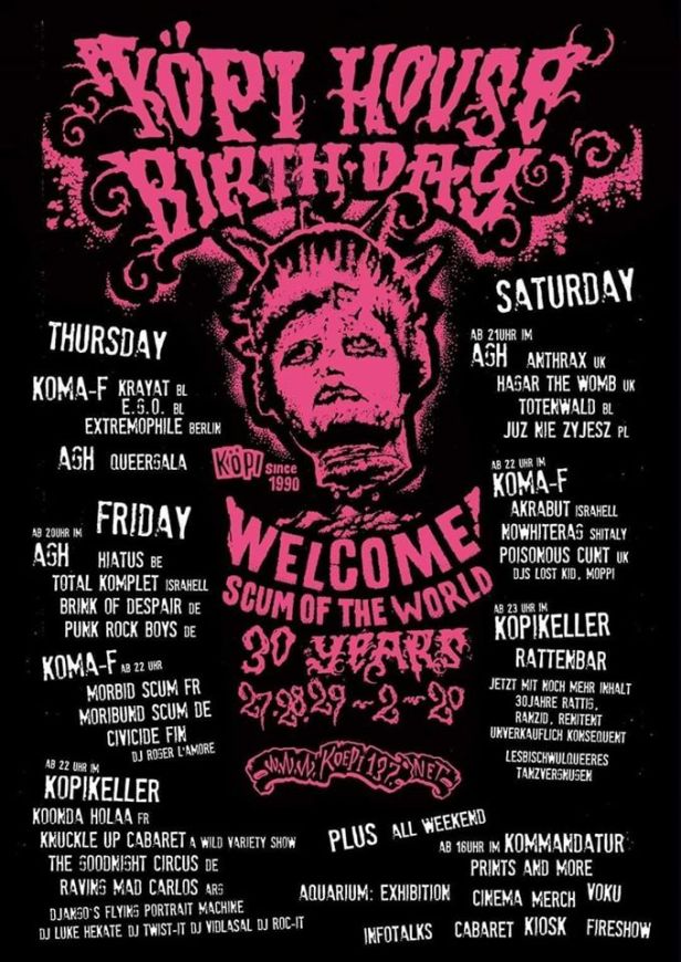 Hagar the Womb and Anthrax join the bill of the Kopi House Birthday festival, Berlin, February 2020
