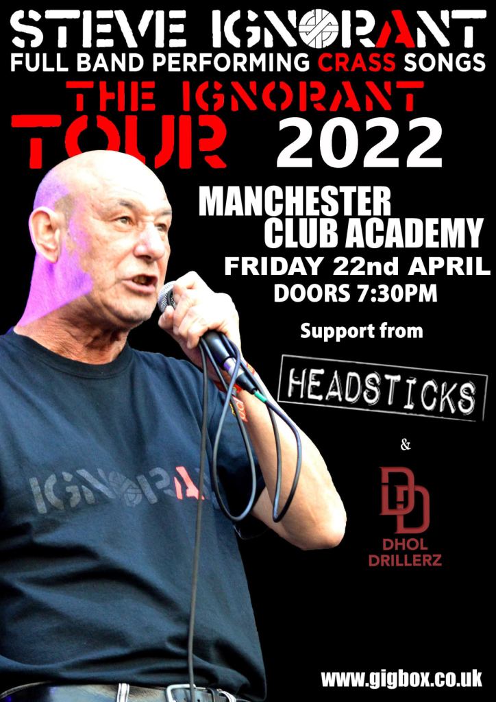 Steve Ignorant - The Ignorant Tour dates - moved to 2021 - Manchester gig poster, 22 April 2022