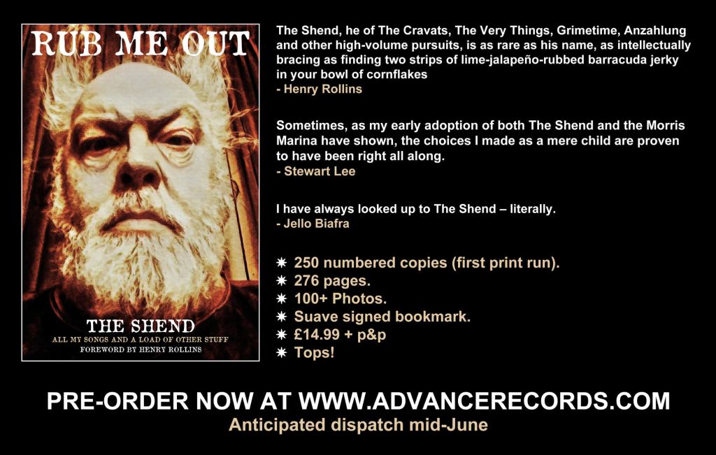 Flyer for Rub Me Out, a book written and compiled by The Shend, and published by June 2021