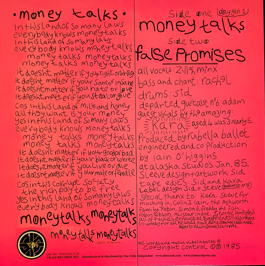 Back cover of the sleeve of Rubella Ballet's Money Talks release on Crass Records