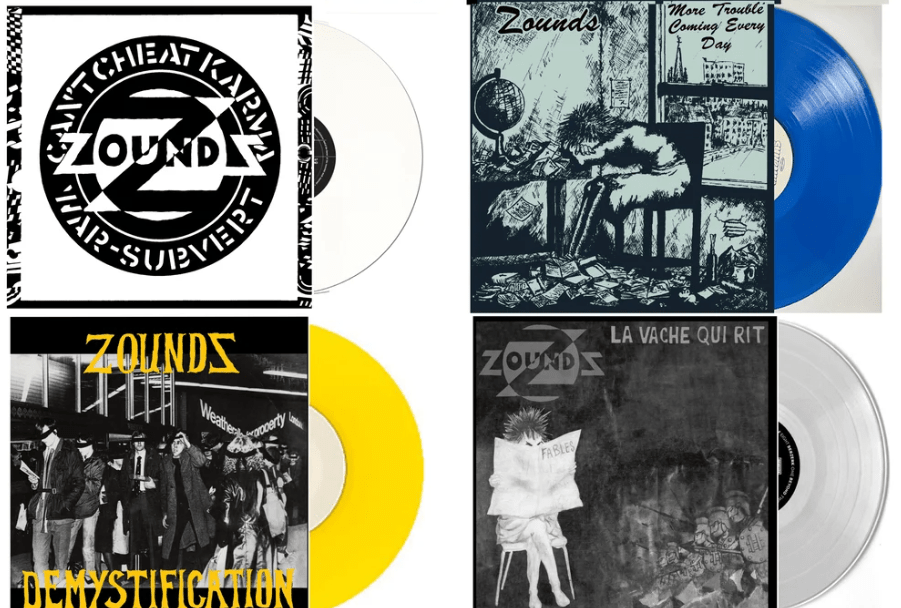 Four Zounds single covers, with peek of the seven-inch vinyl - from the 2025 FOAD reissue