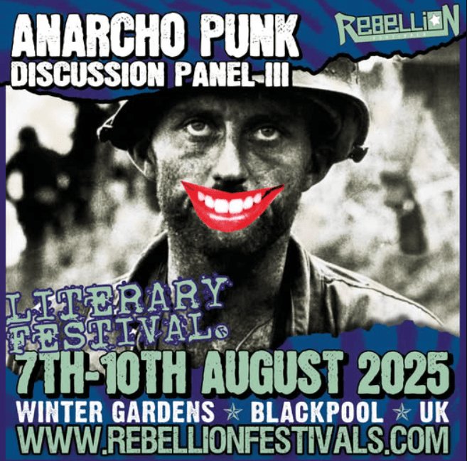 A graphic advertising the Anarcho-punk Discussion Panel III being held at 13:30 on Saturday 9 August at the Rebellion Festival 2025