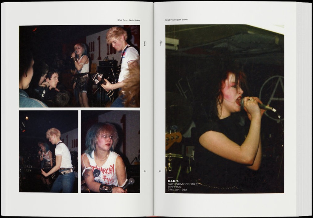 Double page spread from the book Shot From Both Sides: Photos of UK Punk Gigs 1981-1986, by Paul May, featuring live shots of punk bands.
