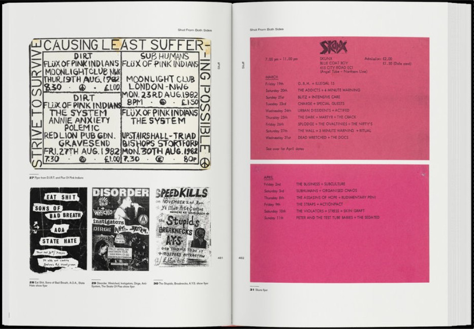 Double page spread from the book Shot From Both Sides: Photos of UK Punk Gigs 1981-1986, by Paul May featuring gig flyers